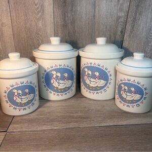 🦆Vintage 80s Treasure Craft-Ribbon Geese 8pc Ceramic Canister Set Country Decor